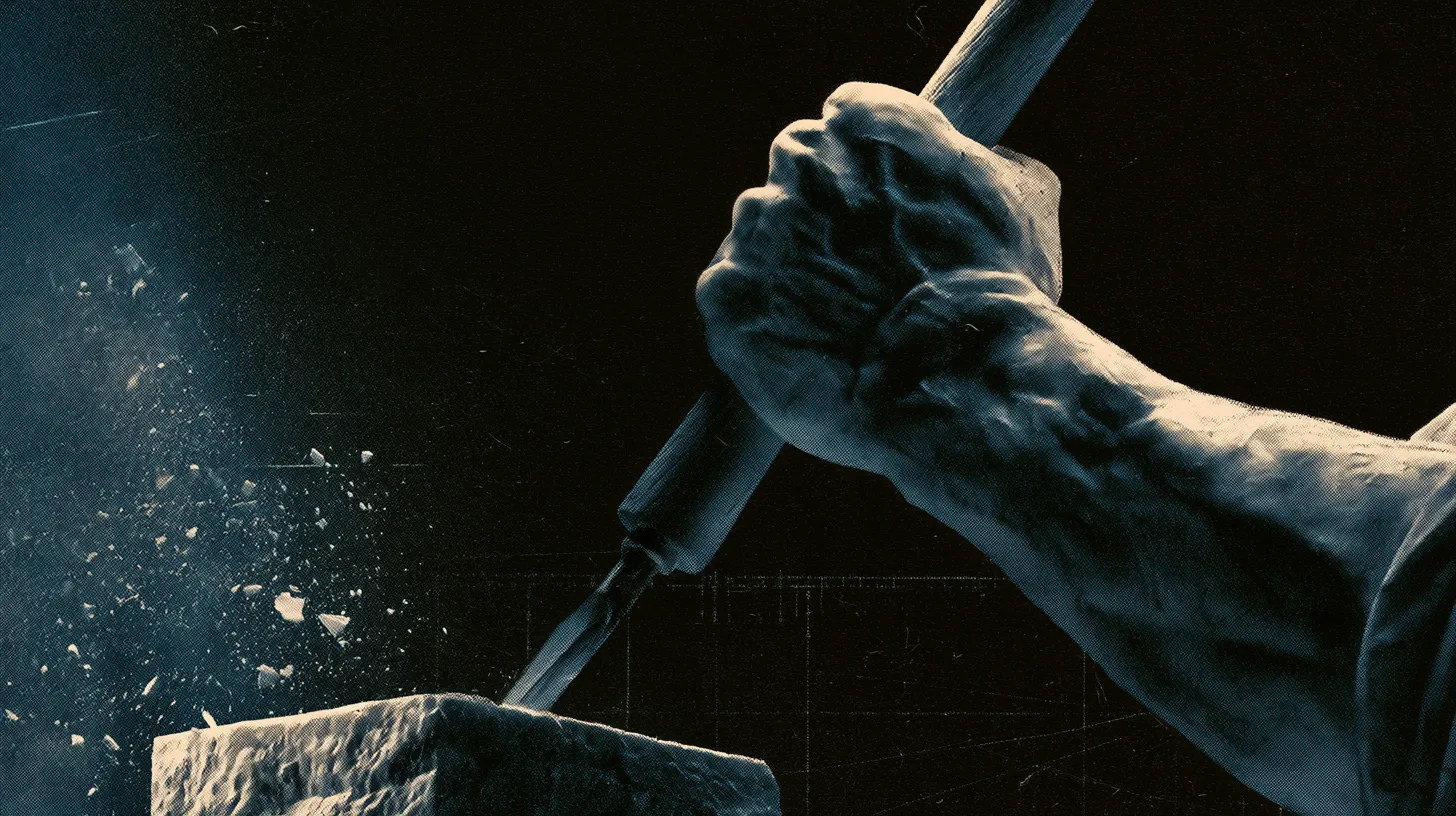 Hammer striking a sword at the moment of impact
