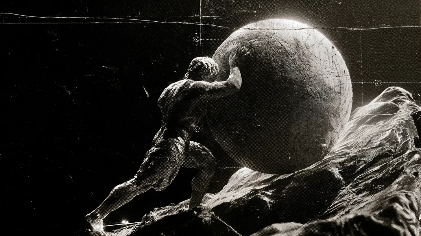 Marble figure carrying a massive boulder uphill