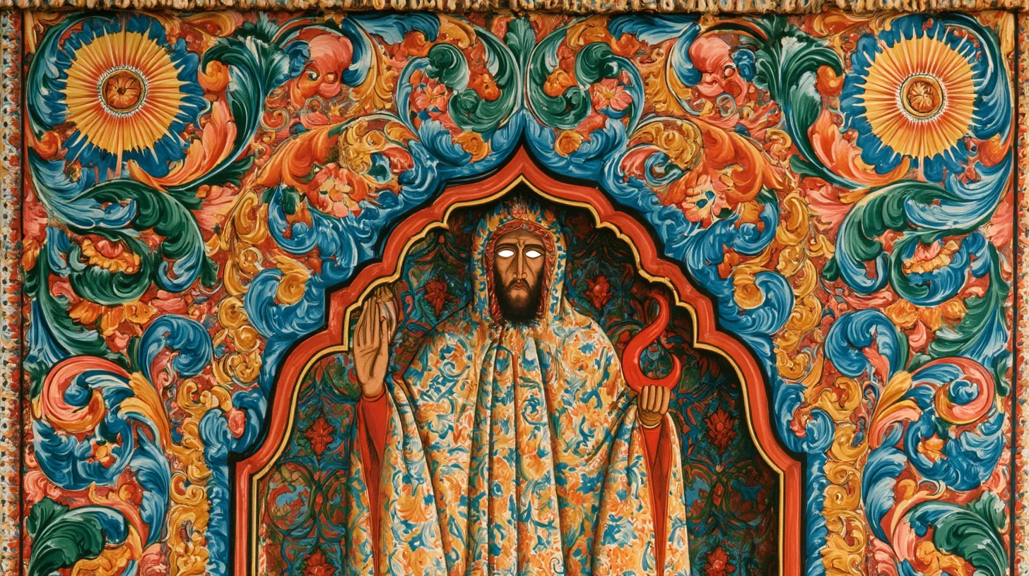 A robed figure with glowing white eyes surrounded by ornate teal, coral, and gold temple-style patterns