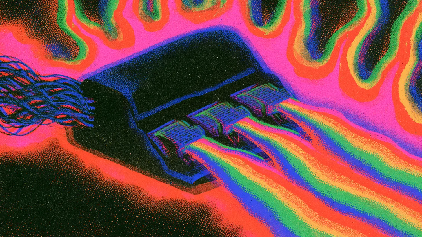 A black box with tangled cables entering one side and three rainbow streams exiting against a psychedelic flame background