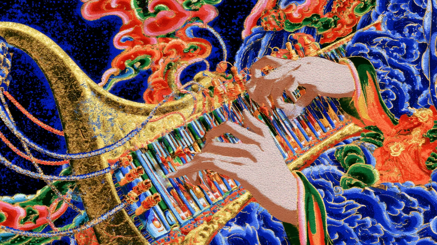 Thai temple mural-style hands playing an ornate golden synthesizer amid cobalt blue, red, and green patterns