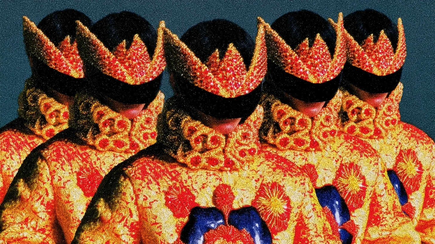 Five figures in ornate red and gold outfits wearing black futuristic visors, with a grainy vintage print texture