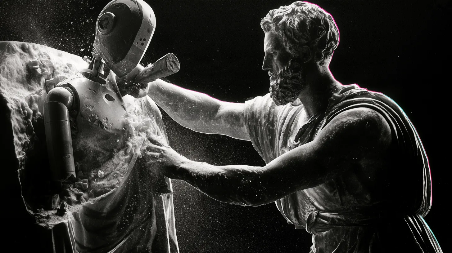 A classical marble sculptor chiseling stone away to reveal a robot